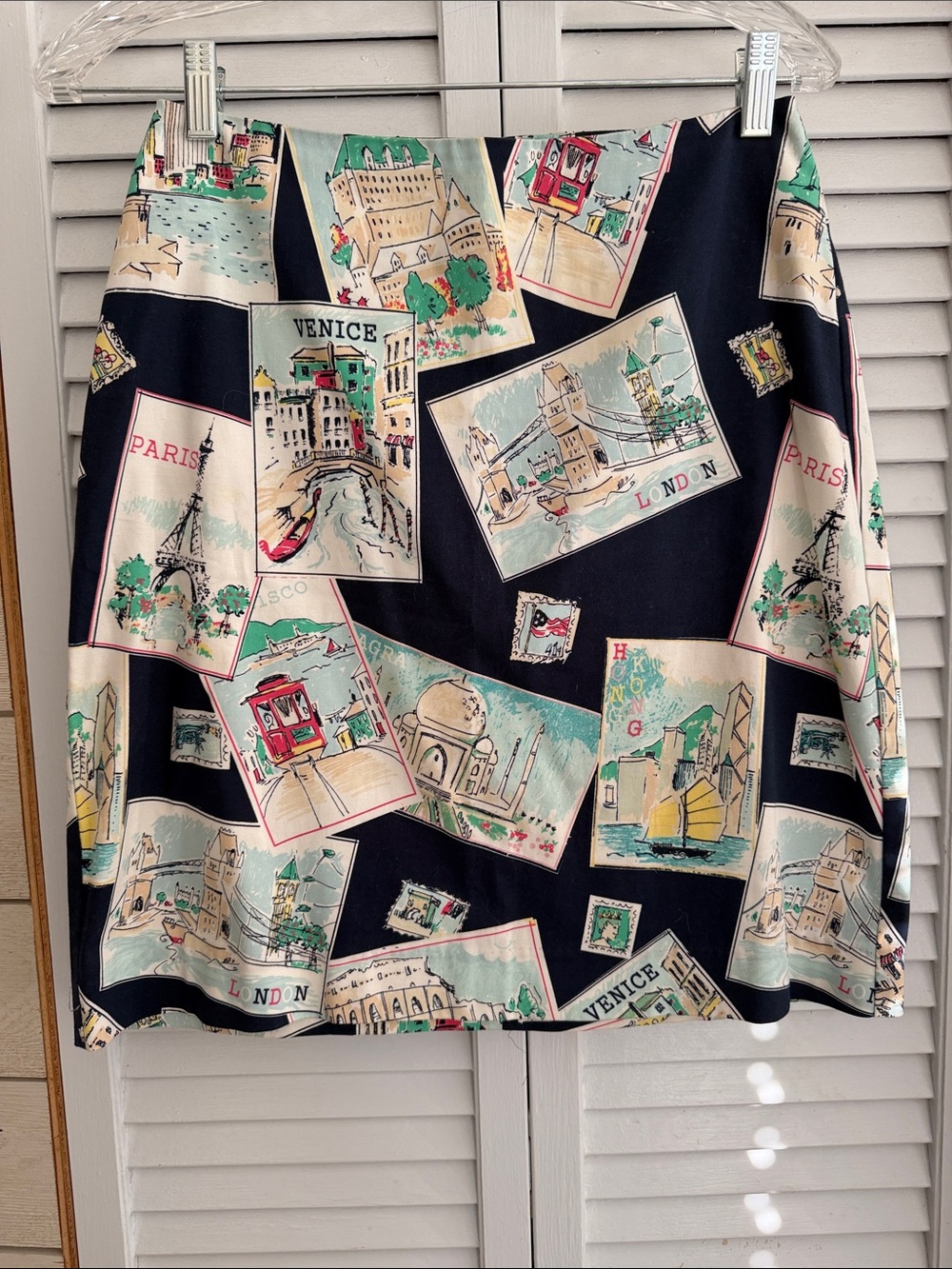 Talbots Navy Travel-Postcard Print A-Line Skirt